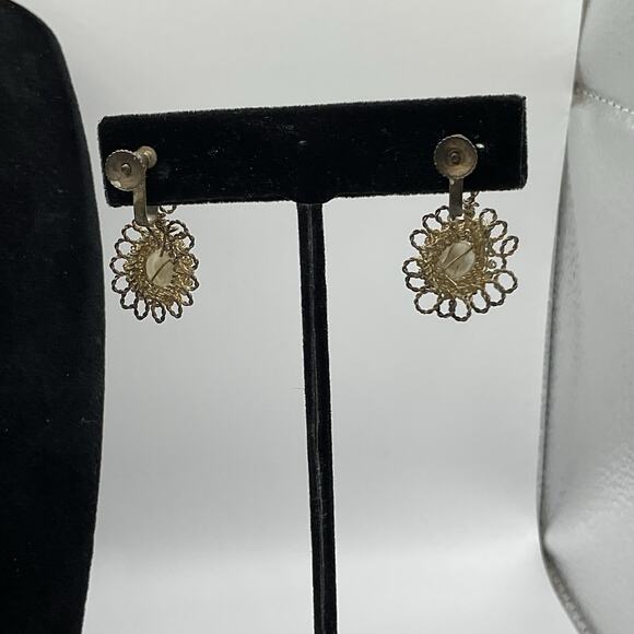 Vintage Wirework Necklace & Earrings Set Blue Glass Cabochons 17” w/ 2” Drop - Picture 5 of 12